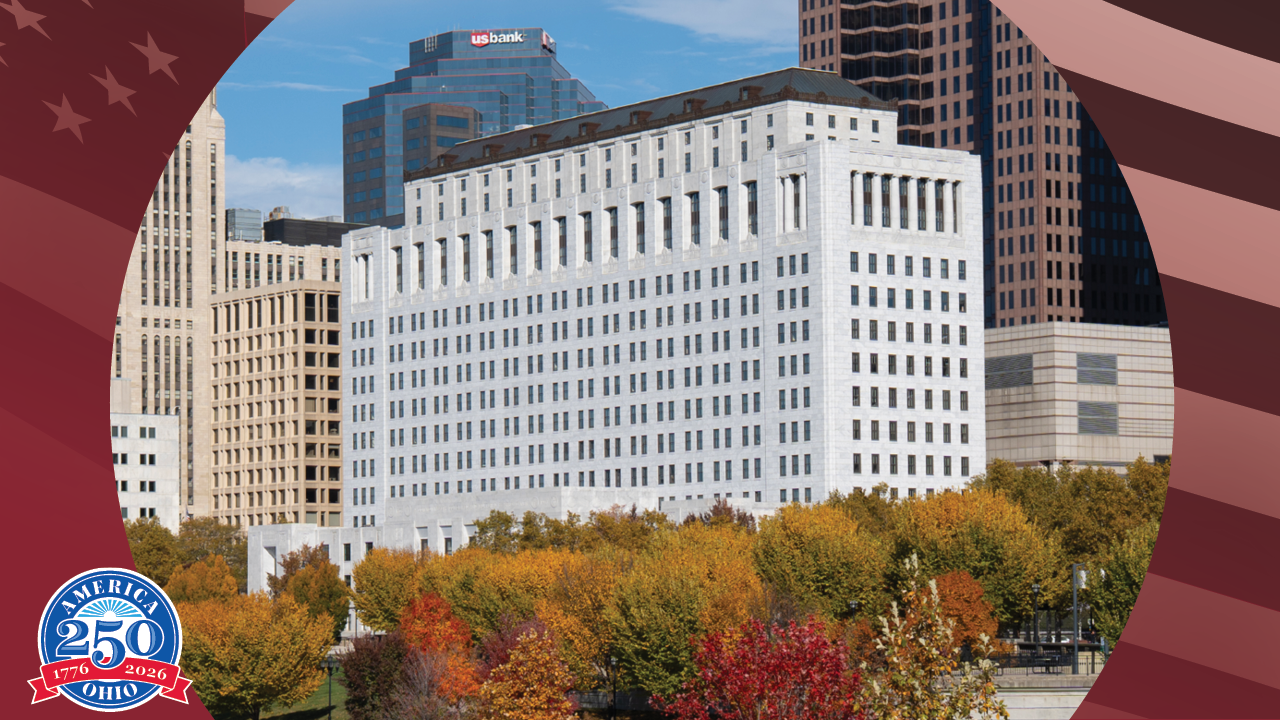 photograph of the Thomas J Moyer Judicial Center during autumn with trees