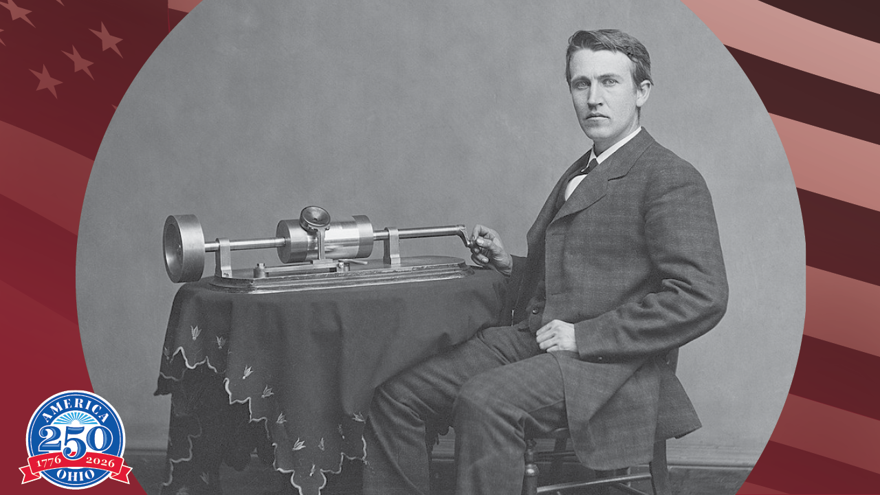 historic photo of Thomas Edison with the phonograph