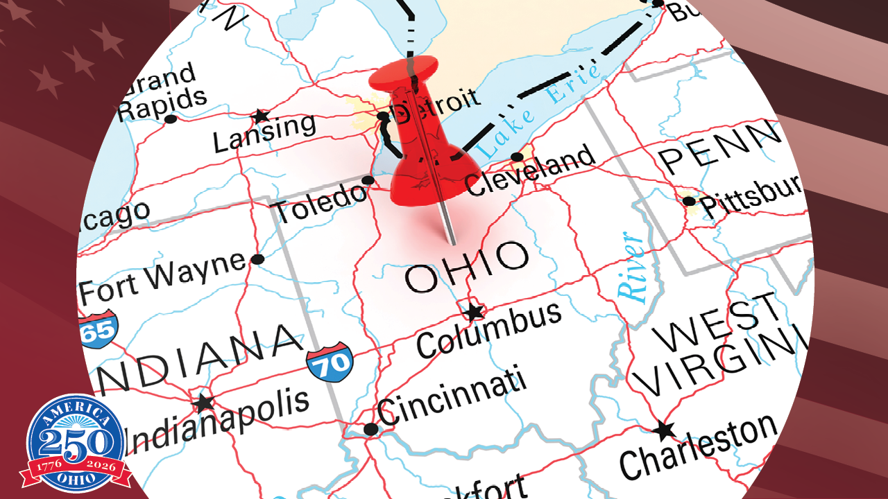 map of Ohio with a pin stuck in the map