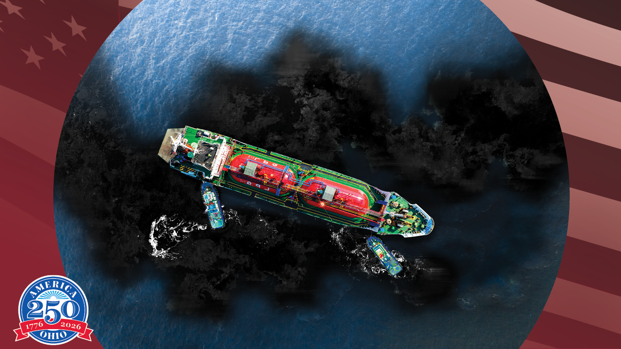 aerial photo of the Exxon Valdez and it's oil spill