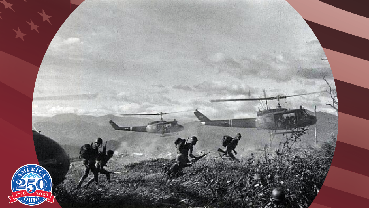 historic photo of Vietnam War showing troops and helicopters