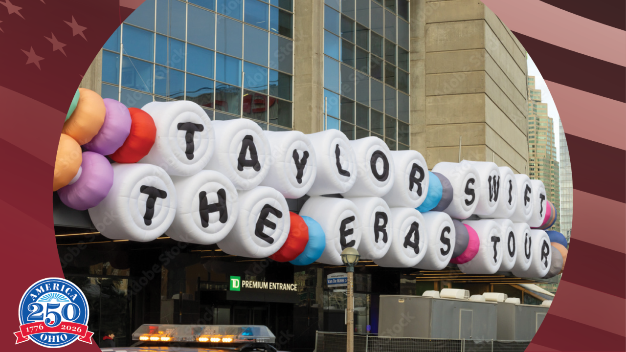 Friendship bracelet inspired sign over the entrance for the Taylor Swift Eras Tour concert
