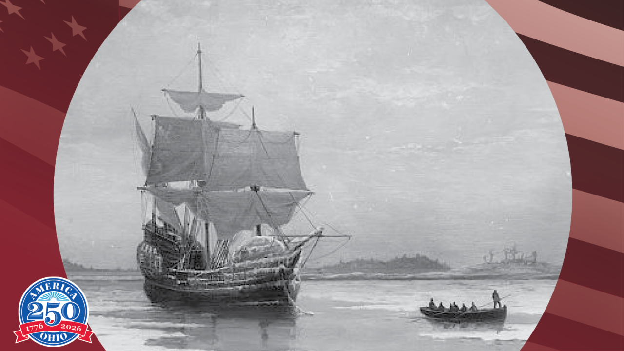 Historic illustration of a boat in a harbor with a smaller boat carrying Pilgrims