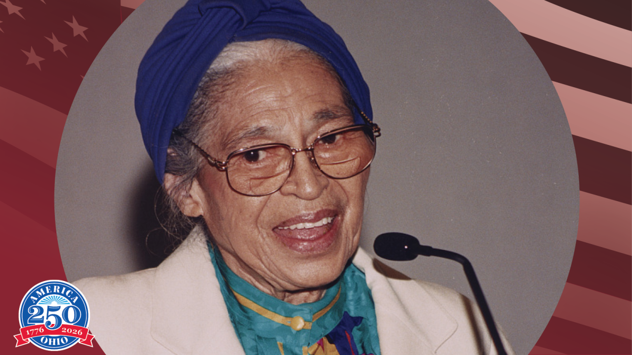 Photo of Rosa Parks speaking into a microphone