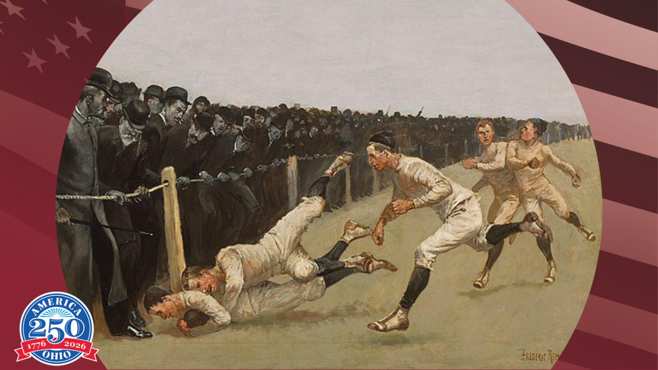 Historic painting depicting the first Thanksgiving football game, with players in vintage uniforms competing on a grassy field as a row of spectators watches from the sidelines