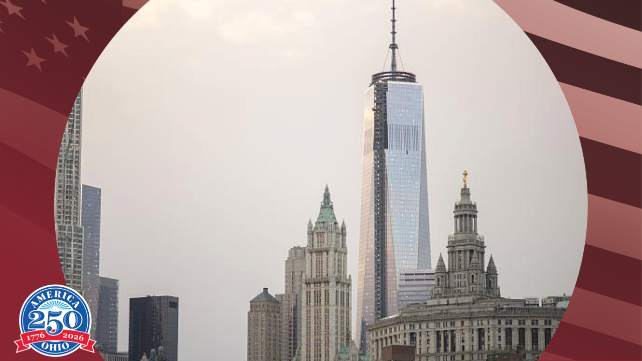 One World Trade Center skyscraper set against the backdrop of the New York skyline