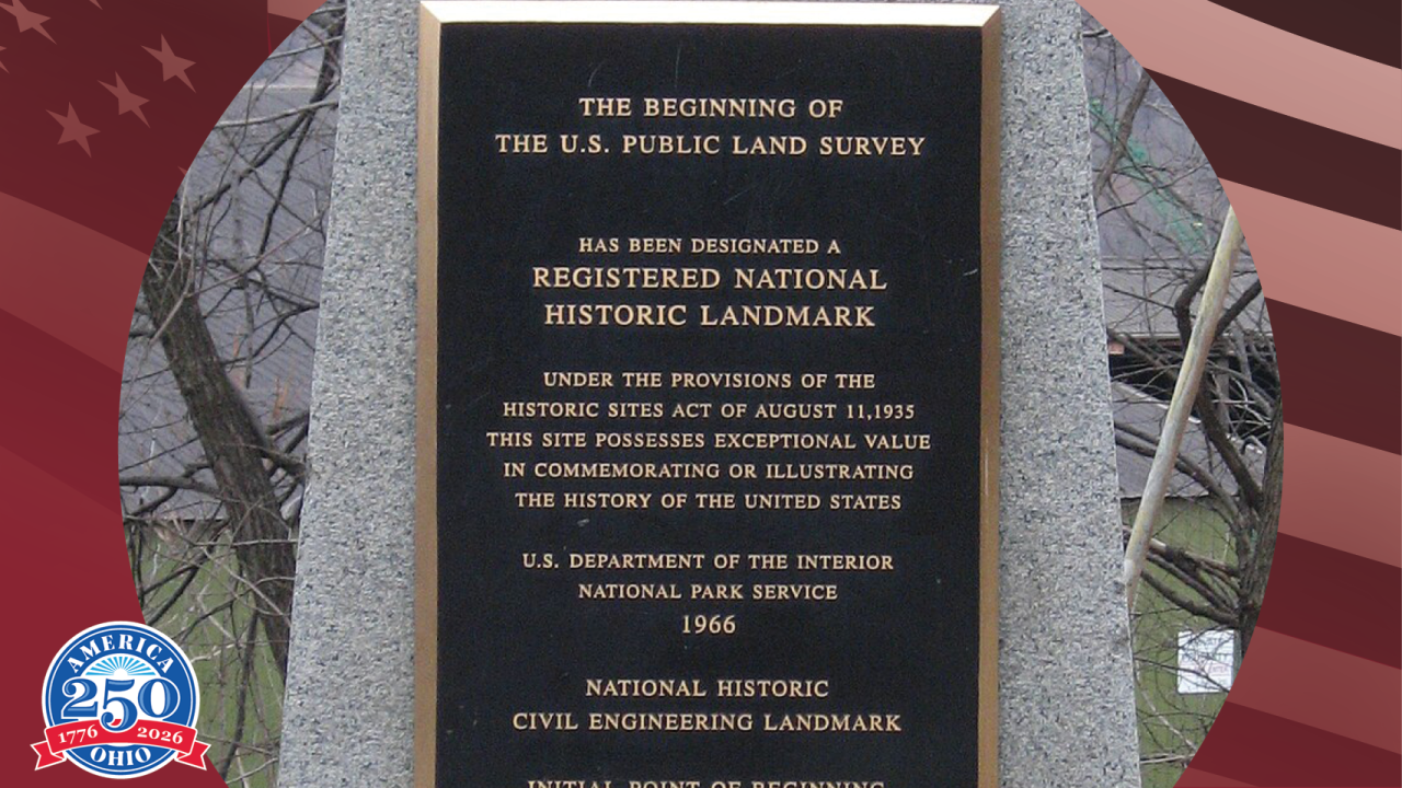 historic marker of registered national historic landmark marking the beginning of the U.S. public land survey