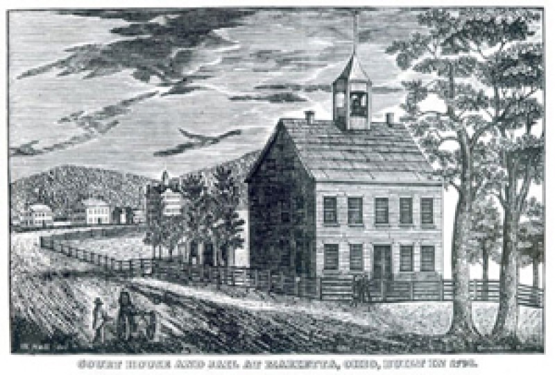 Black and white drawing of what looks like an old church or school house.