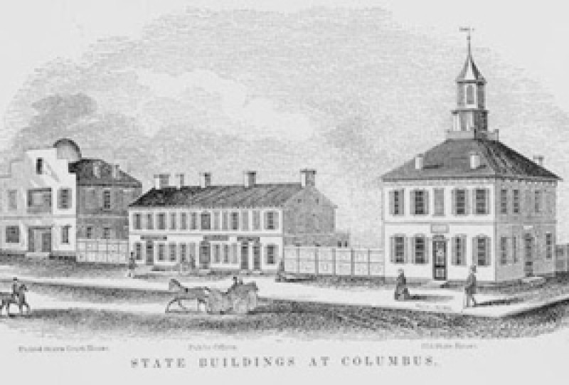 Black and white drawing of the first Columbus statehouse.