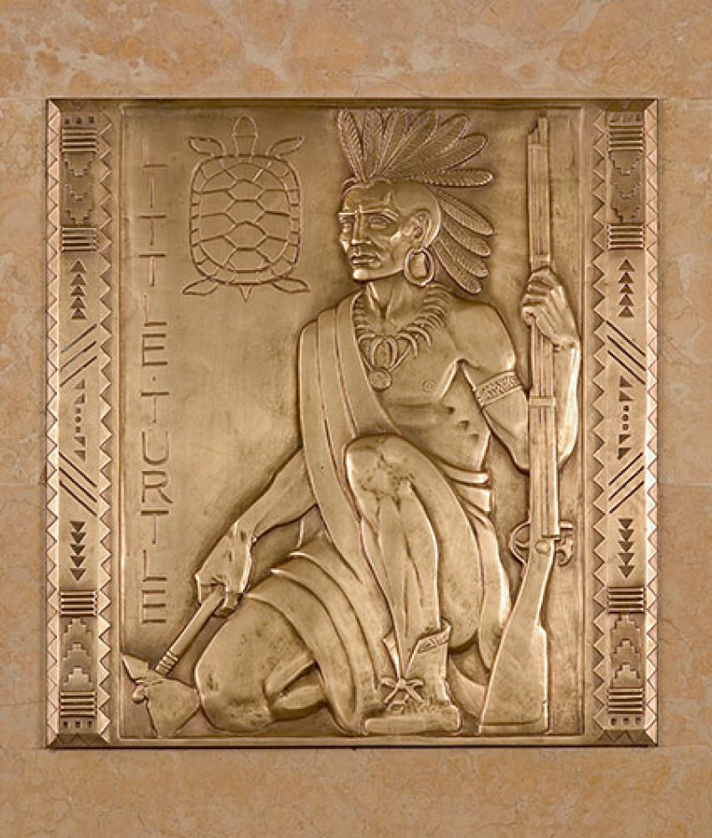 Bronze bas relief of the Chief Little Turtle of the Miami Indian tribe.