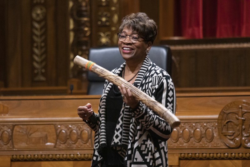 Image of Ohio Supreme Court Justice Melody Stewart in the courtroom of the Thomas J. Moyer Ohio Judicial Center.
