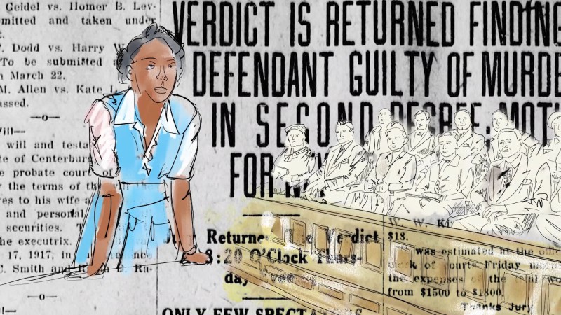 Illustration of an African American woman in a blue dress standing in front of a jury.