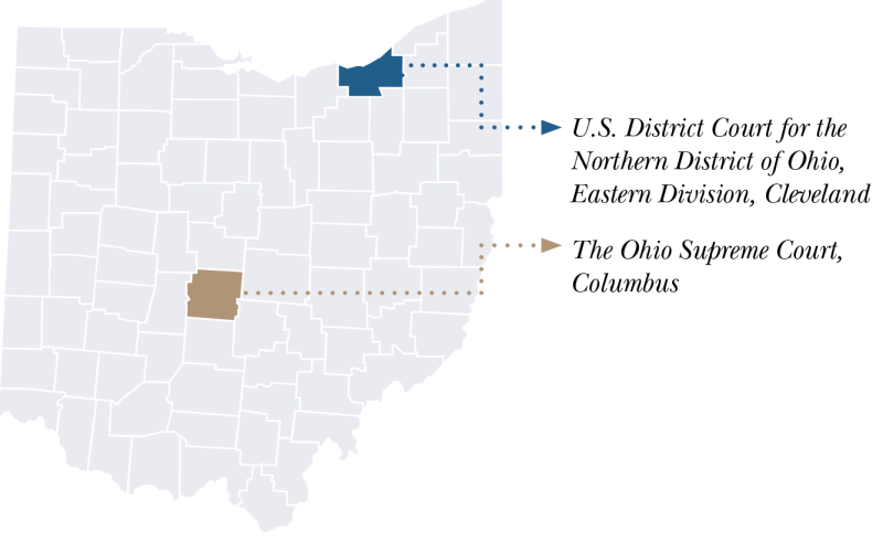 Image of a county map of Ohio with Cuyahoga County colored in blue to indicate the location of the U.S. District Court for the Northern District of Ohio, Eastern Division, in Cleveland. Franklin County is colored in gold to indicate the location of the Supreme Court of Ohio.