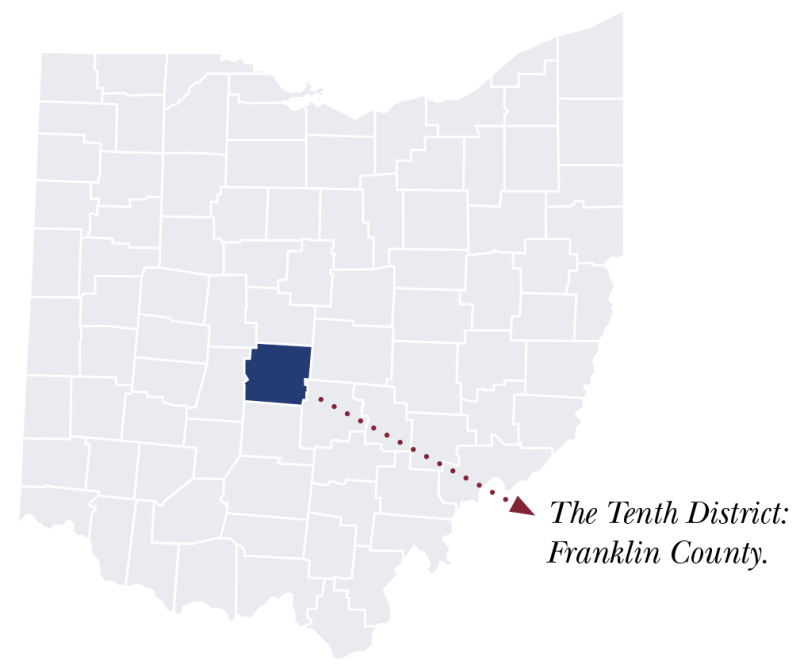 Image of an Ohio county map, colored light grey, with Franklin County colored in blue, indicating the Tenth District Court of Appeals.