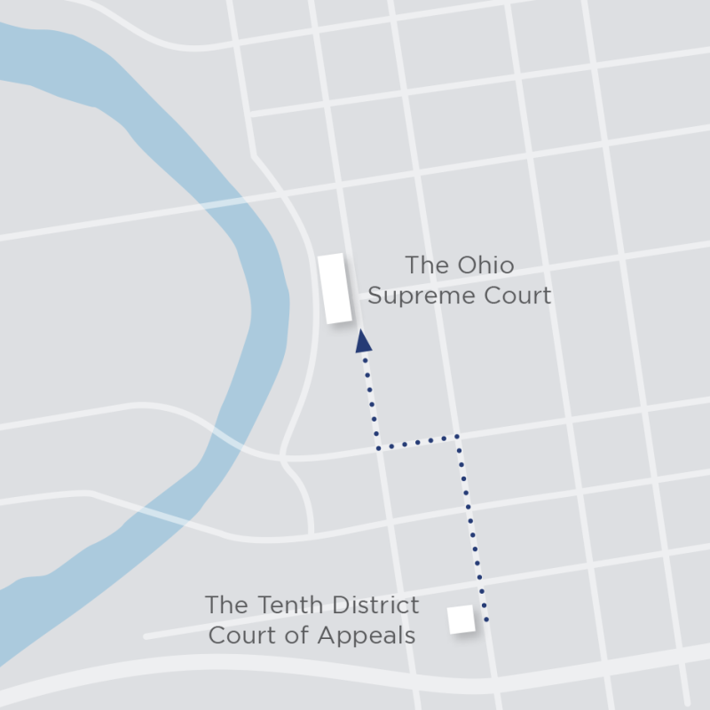 Image of a street map of downtown Columbus Ohio showing the locations of the Thomas J. Moyer Ohio Judicial Center and the Tenth District Court of Appeals.