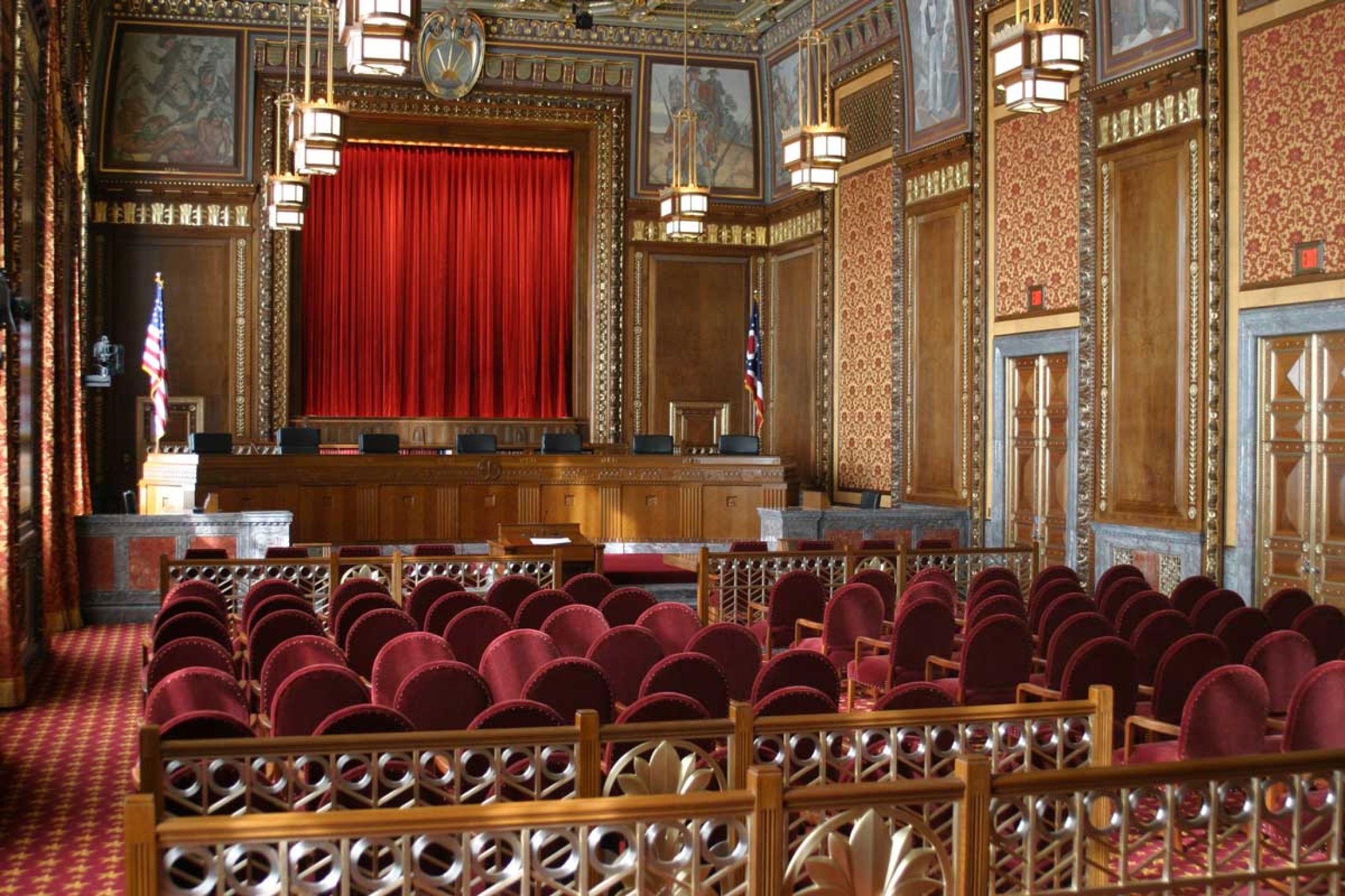 Image of an empty courtroom in the Thomas J. Moyer Ohio Judicial Center