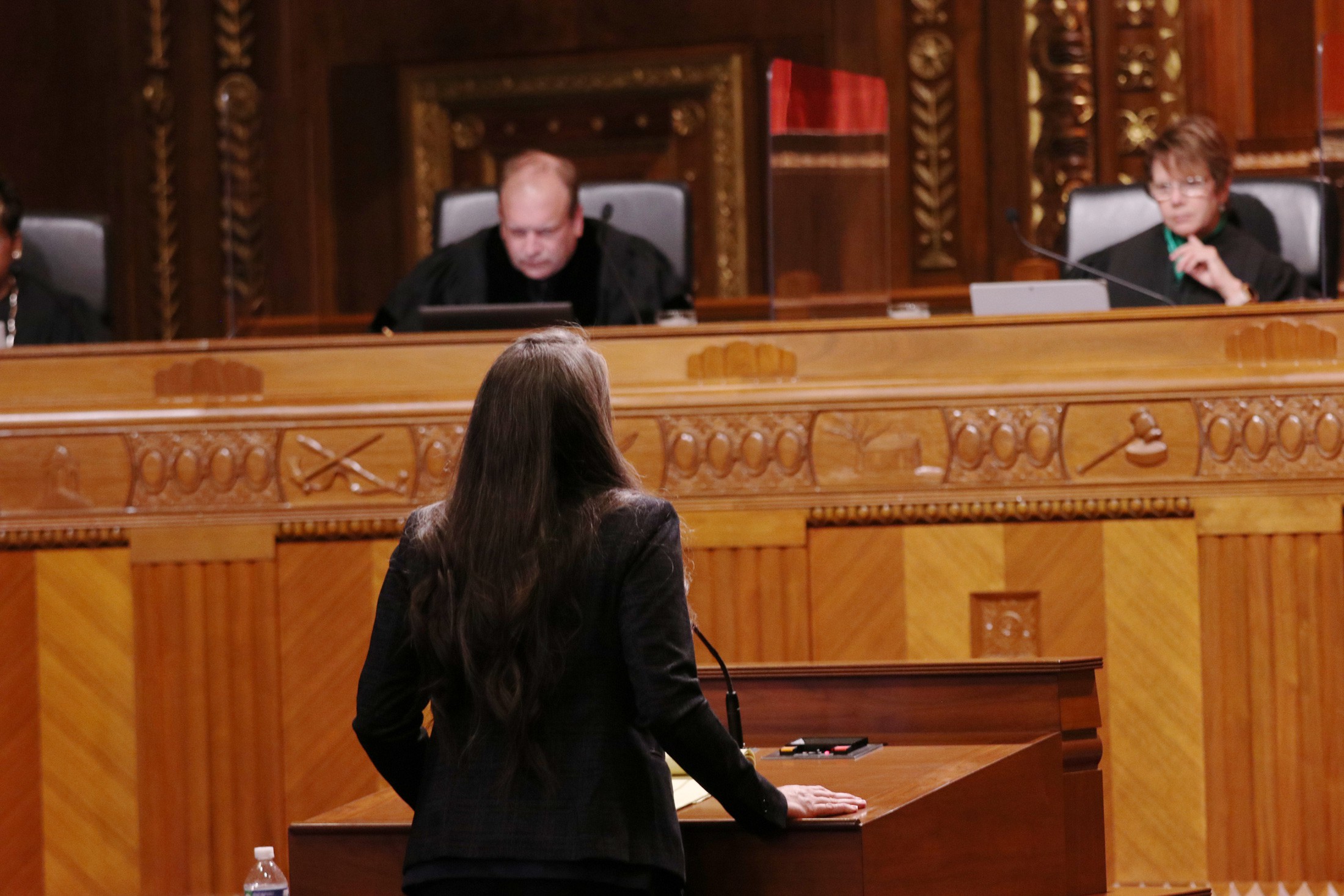 Image of a woman wearing a dark suit standing with her back to the camera and facing an ornate, wooden courtroom bench. Seated on the bench are a male and a female justice wearing black judicial robes.