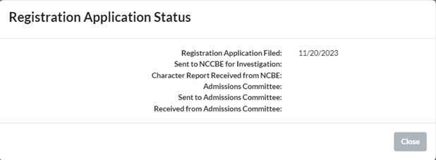Image showing a screen shot of a Web page showing registration application status.