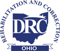 A navy blue outline of the state of Ohio with the letters 'DRC' in white. Ohio Rehabilitation and Correction.