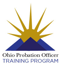 A navy blue triangle inside of a royal blue triangle with a gold starburst above it. Ohio Probation Officer Training Program