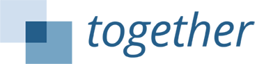 Image of a light and dark blue squares overlapping one another next to the word 'together'