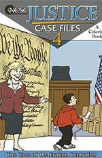 Colorful comic book style illustration of a boy wearing a red hoody and black pants walking by a women wearing a black skirt and red jacket standing in front of a giant Bill of Rights.
