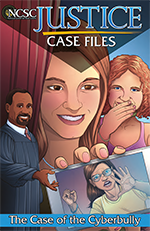 Colorful comic book style illustration showing a judge in a black judicial robe, a girl holding a cellphone with an image of another girl on it, and another girl with her hand over her mouth laughing.