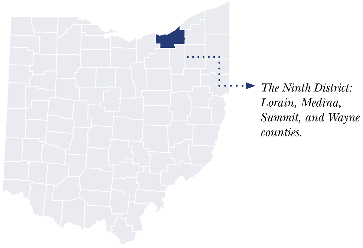 Image of an Ohio county map colored light grey with Wayne County colored in blue.